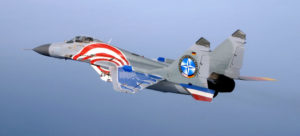 EGLIN AIR FORCE BASE, Fla. -- This MiG-29 Fulcrum flown by Lt. Col.Tom Hahn, squadron commander of Germany's Fighter Wing 73 "Steinhoff," flies over the Gulf of Mexico during a training exercise. The German MiGs are being hosted the 53rd Wing during various training missions. Unlike previous visits to the U.S. for training, this deployment will provide German pilots the opportunity to fly live-fire missions against both full-scale QF-4 drones and sub-scale drones. This MiG boasts a particularly colorful paint scheme for their "Farewell USA" tour. The Germans are transitioning to the new Eurofighter and this will be the last trip for the MiGs to the U.S. (U.S. Air Force photo by Tech. Sgt. Michael Ammons)
