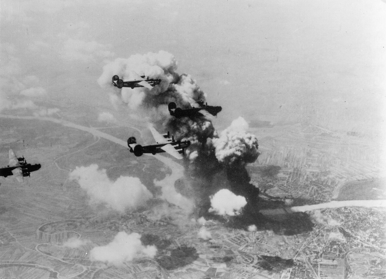 B-24 Liberator bombers in formation over Europe during World War II