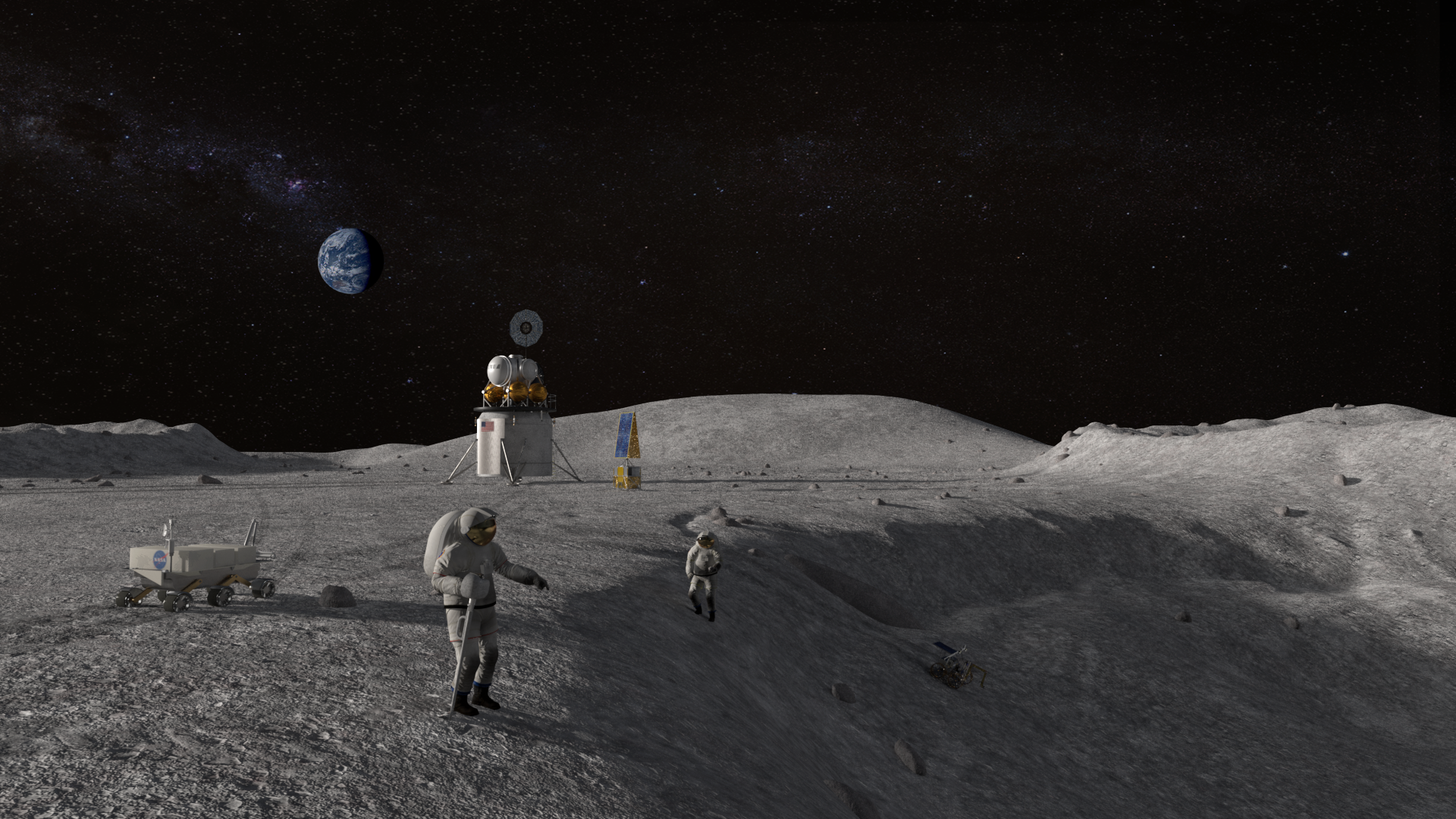 Astronauten des Artemis-Programms in einem Mondkrater