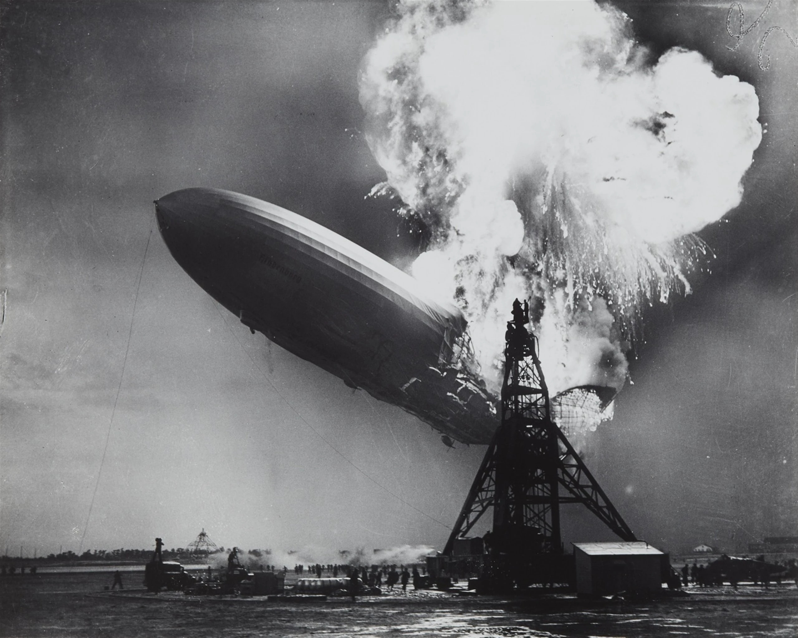 The Hindenburg airship on fire at Lakehurst Naval Air Station, New Jersey, May 6, 1937 — the disaster that ended the age of commercial airship travel