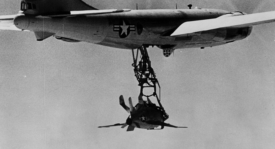 XF-85 Goblin alongside its EB-29 mothership during ground operations