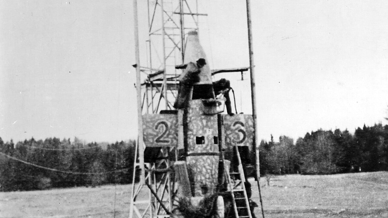 Bachem Ba 349 Natter rocket interceptor on its vertical launch tower, 1945