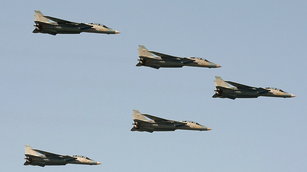 Five Iranian Air Force F-14A Tomcats flying in formation