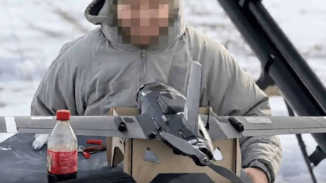 A MaXon Systems fixed-wing autonomous interceptor drone of the type used in the first autonomous drone-on-drone interceptions over Kharkiv Oblast