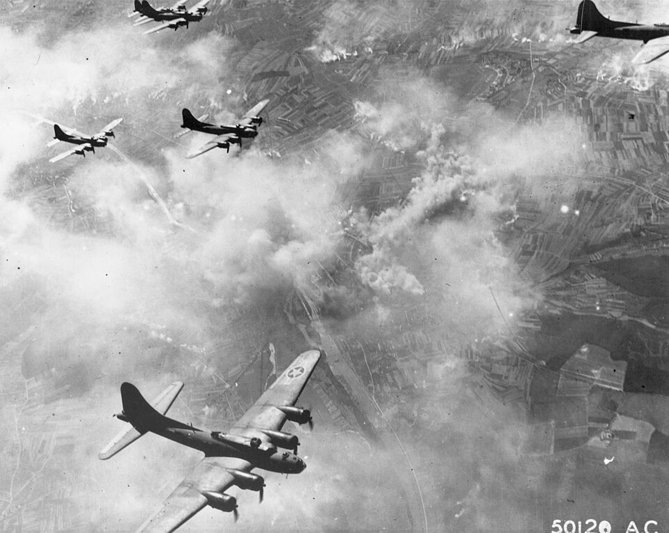 B-17F Flying Fortresses in tight combat box formation over Schweinfurt, Germany, August 17, 1943