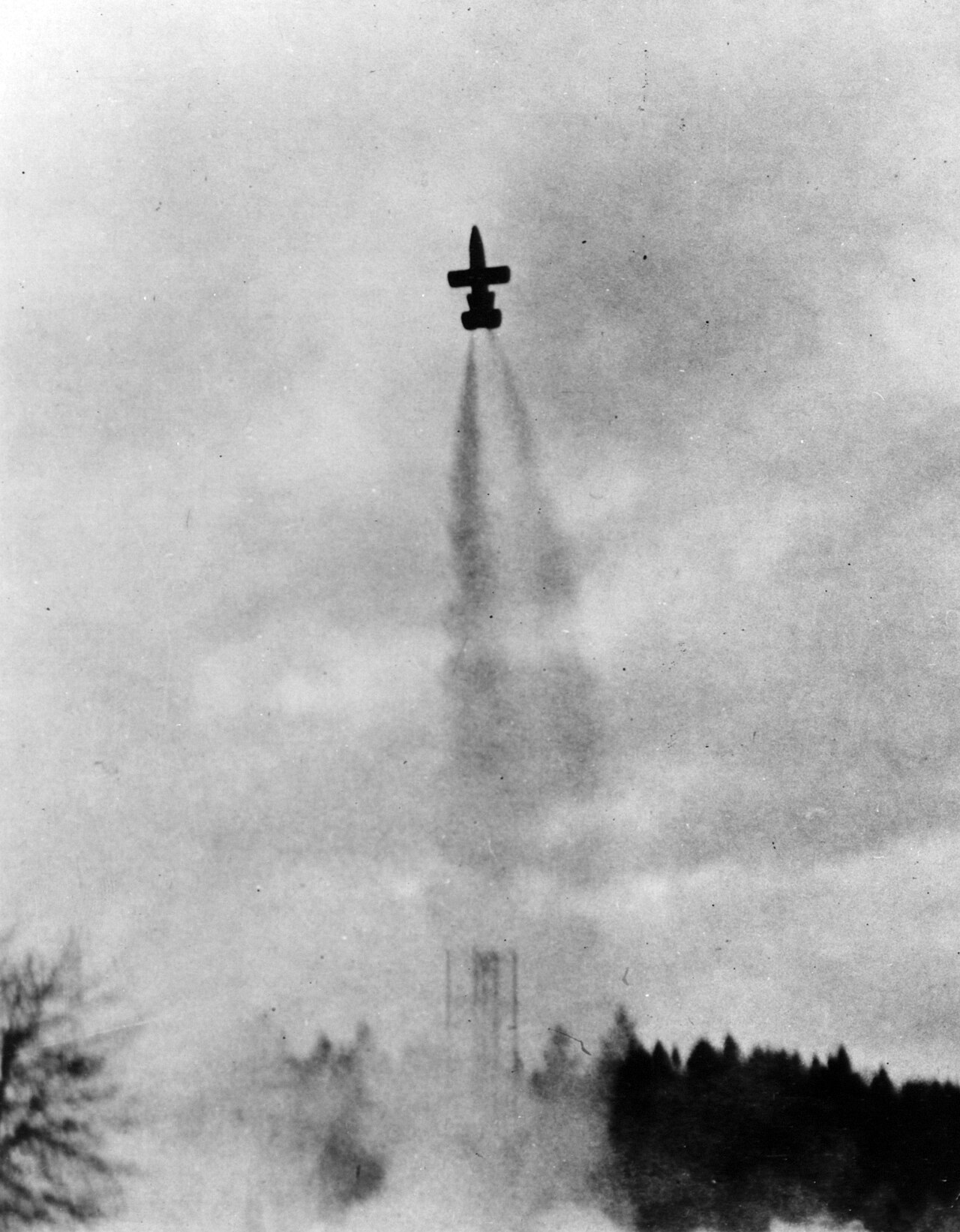 A Bachem Ba 349 Natter climbing vertically off its launch tower in 1945