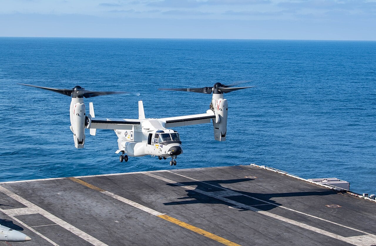 A CMV-22B Osprey lands aboard USS Nimitz