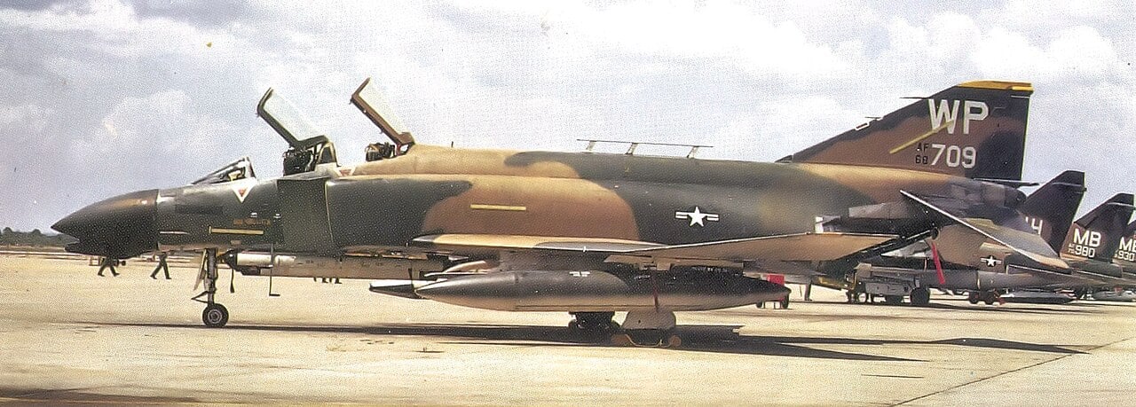 A McDonnell F-4D Phantom II of the 25th Tactical Fighter Squadron in Southeast Asia camouflage