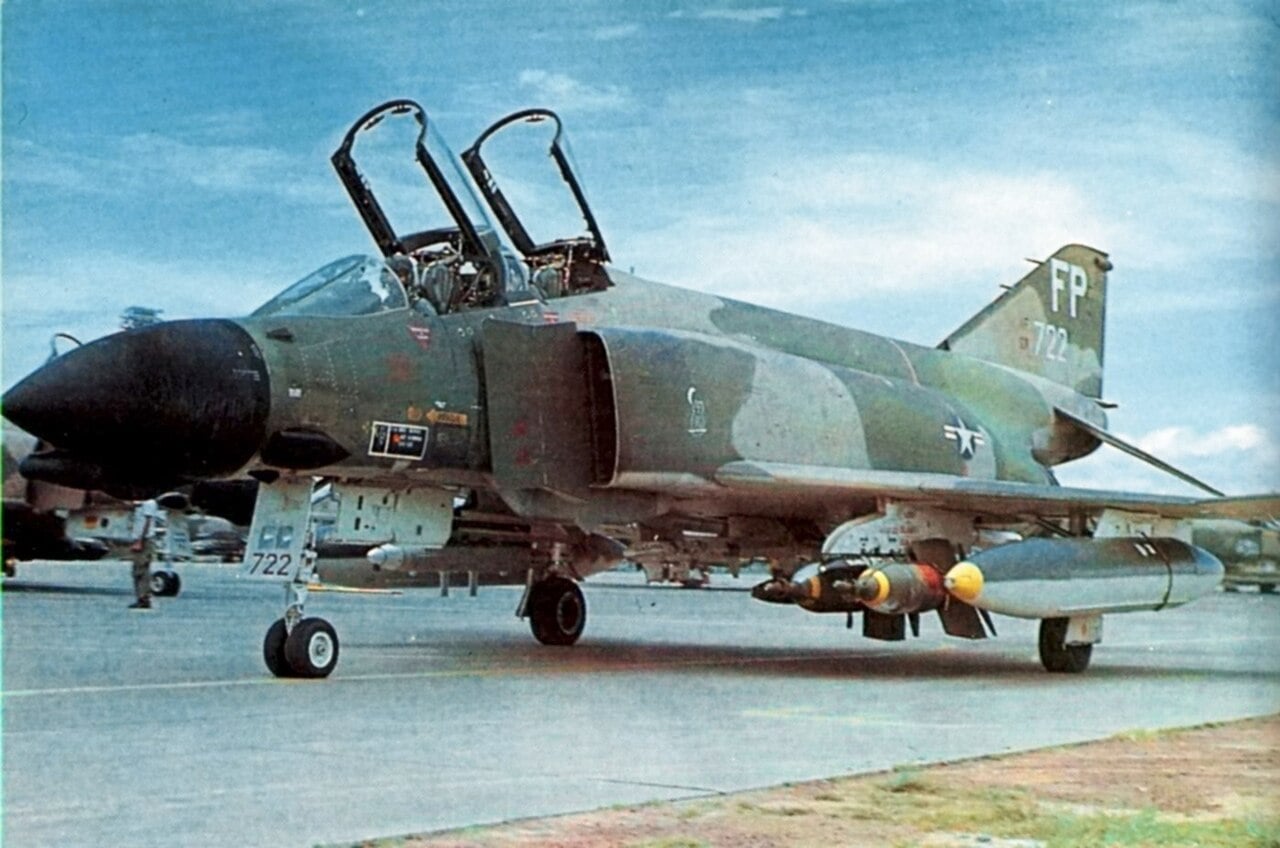 A U.S. Air Force F-4D Phantom II of the 497th Tactical Fighter Squadron taxiing at Ubon, Thailand, 1971