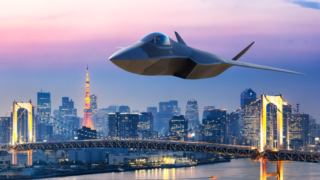 Concepto de caza de sexta generación GCAP sobre Tokio
