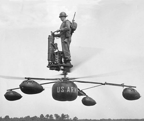 A U.S. Army soldier flying the HZ-1 Aerocycle one-man platform in the 1950s