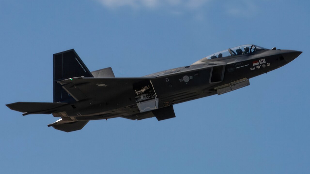 A Republic of Korea Air Force KF-21 Boramae performs an aerial demonstration