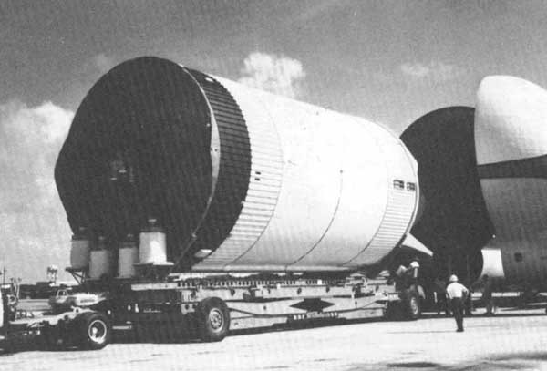 Saturn S-IVB-501 stage being loaded aboard the Super Guppy