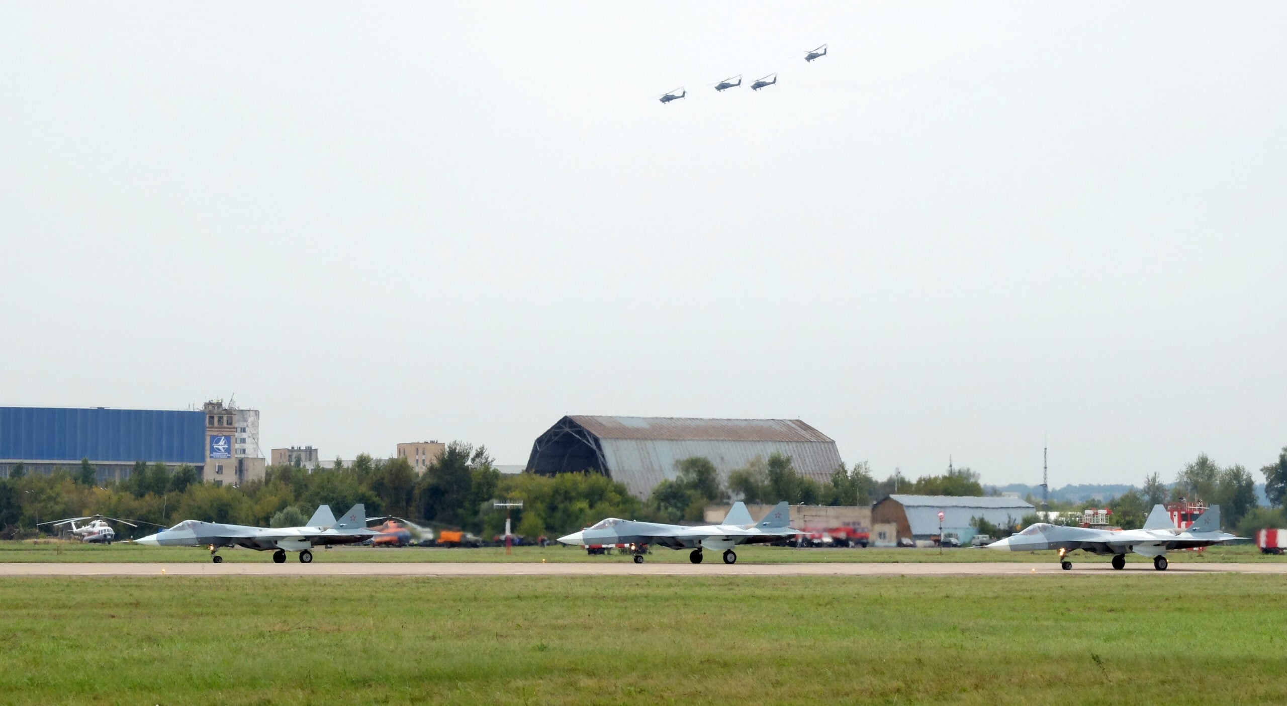 Three Russian Sukhoi Su-57 stealth fighters in formation