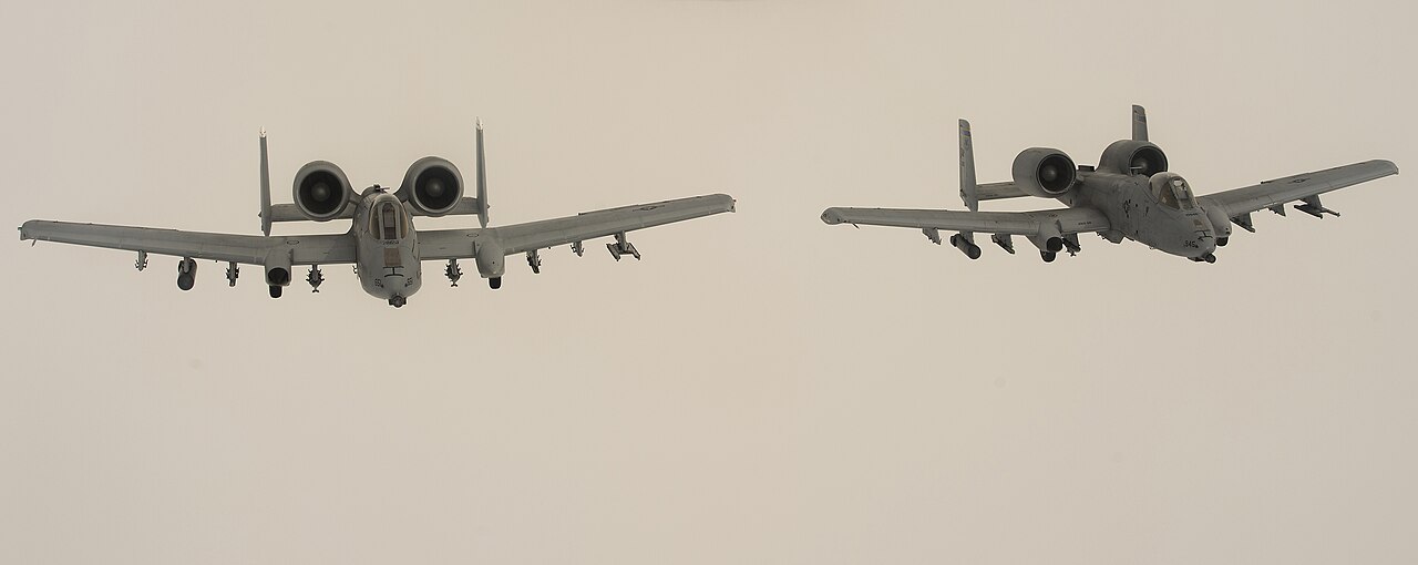 A pair of A-10 Thunderbolt II attack jets in flight