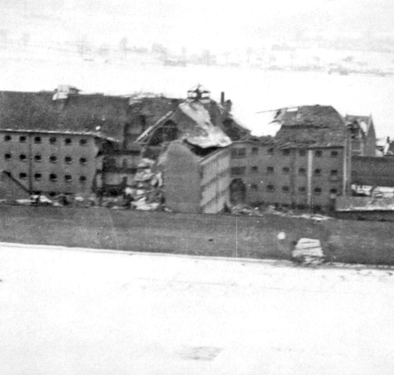 Reconnaissance photo of Amiens prison showing breached perimeter wall after Operation Jericho