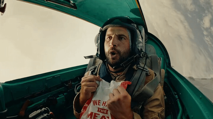 Animated sequence of Robby Berger reacting while eating an Arby’s cheesesteak in a MiG-21