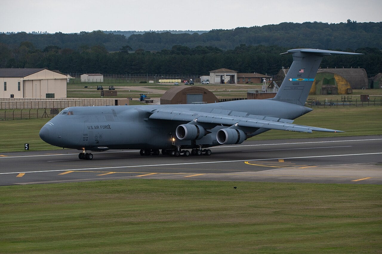 A US Air Force C-5M Super Galaxy strategic airlifter in flight