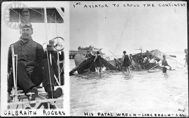 Rodgers beside one of the Vin Fiz’s many wrecks. By journey’s end, so little of the original aircraft survived that only the rudder and an oil-drip pan are said to have made the whole trip.