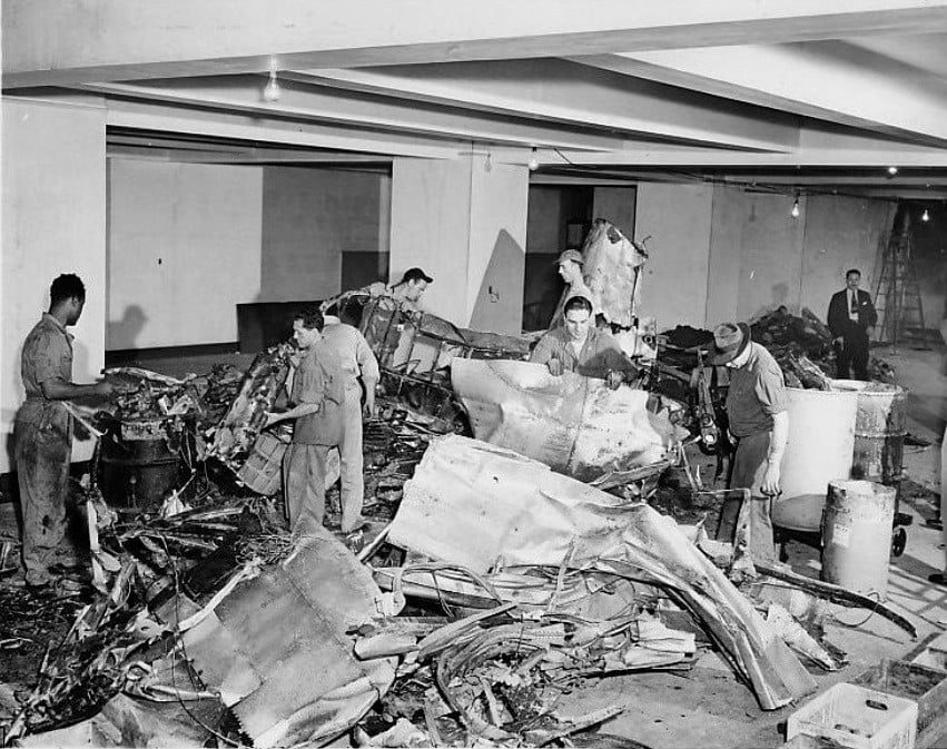 Wreckage inside the Empire State Building, 1945