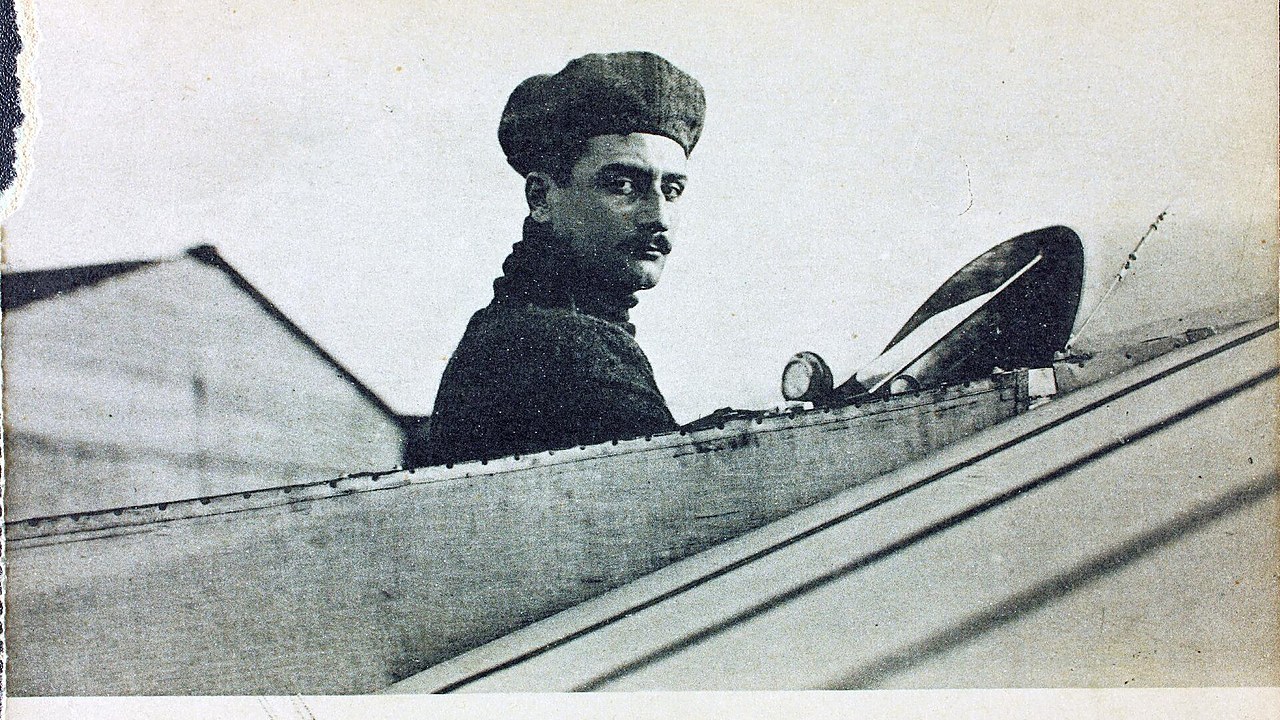 Aviation pioneer Roland Garros, the first fighter pilot, in his cockpit