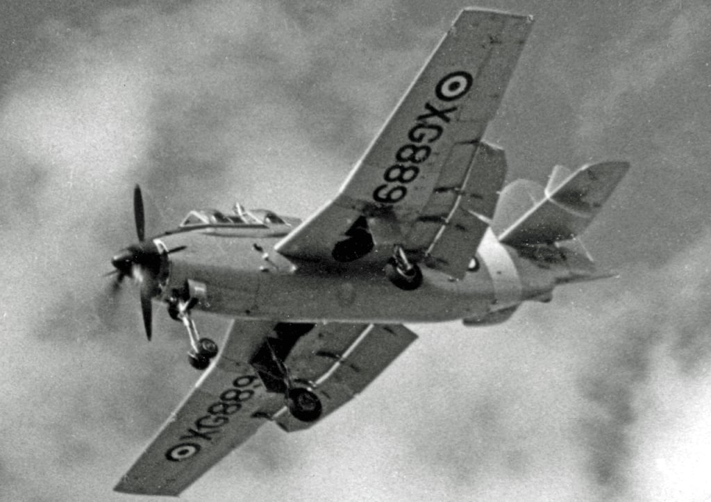 A Fairey Gannet T.5 in flight, its coaxial contra-rotating propellers clearly visible