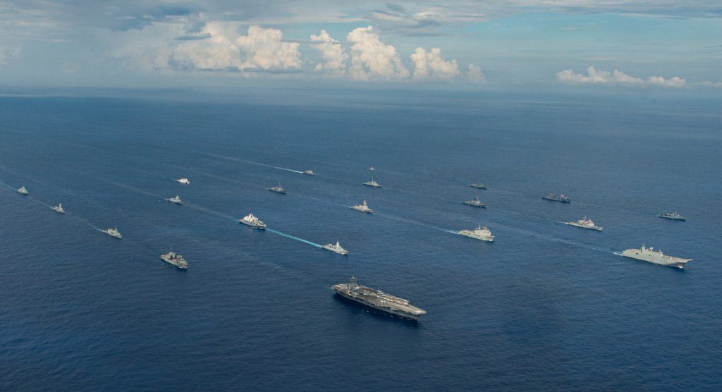 USS Nimitz leads a multinational formation of warships during FLEETEX 250