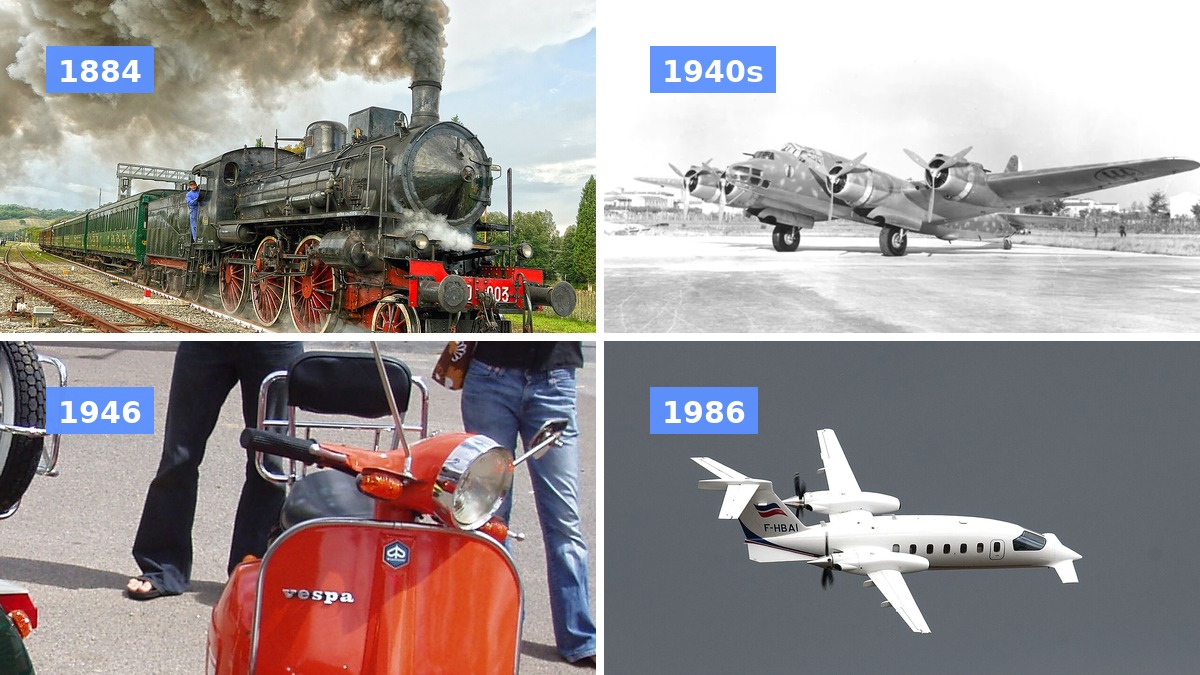 Piaggio timeline: locomotive, P.108 bomber, Vespa, Avanti Piaggio timeline 1884 locomotive, 1940s P.108 bomber, 1946 Vespa, 1986 P.180 Avanti