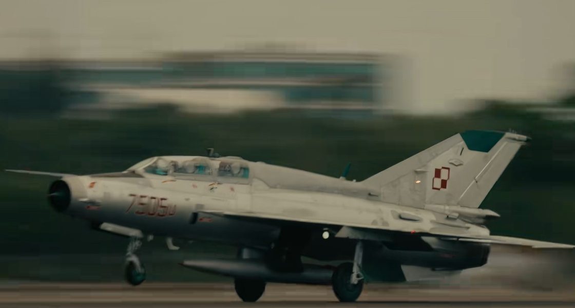 A two-seat MiG-21UM fighter jet taking off in the Arby’s commercial