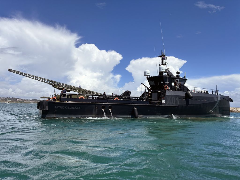The Nyan one-way effector on its deck catapult aboard XV Patrick Blackett