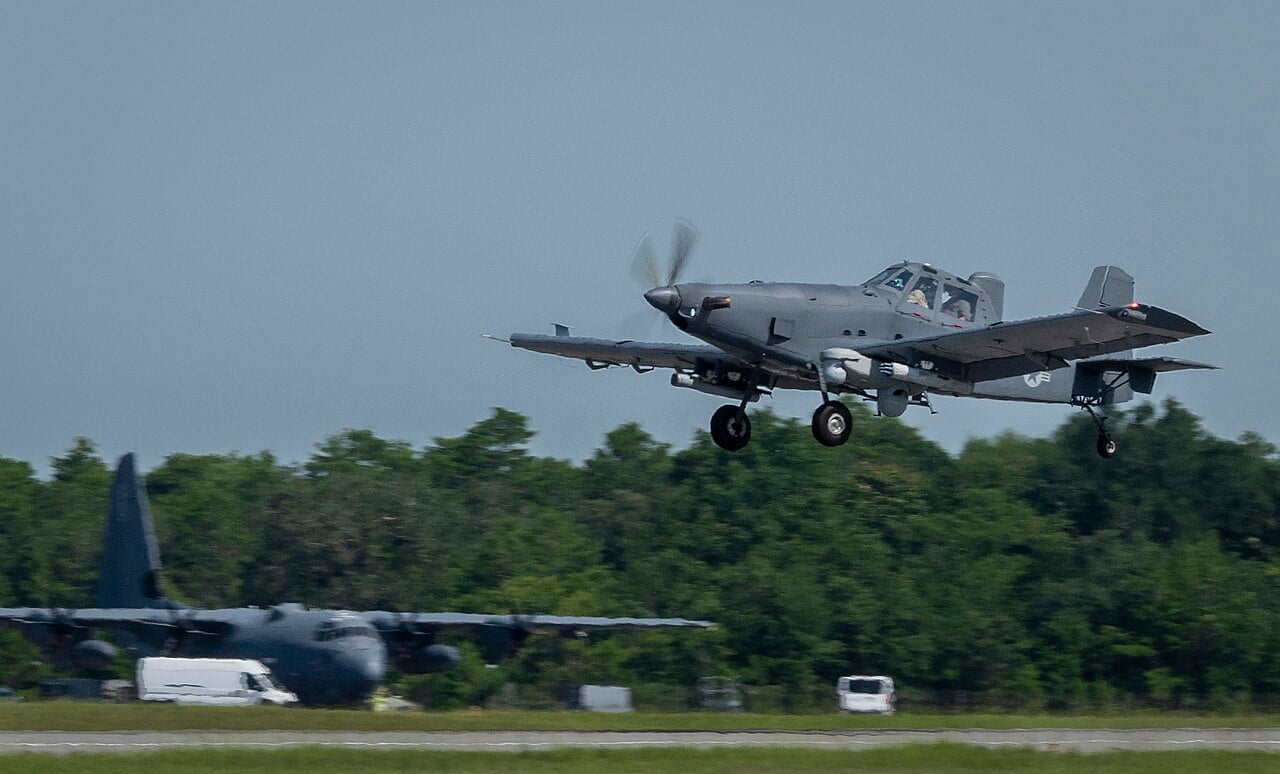 An OA-1K Skyraider II takes off from Eglin Air Force Base, June 2025 (USAF photo)