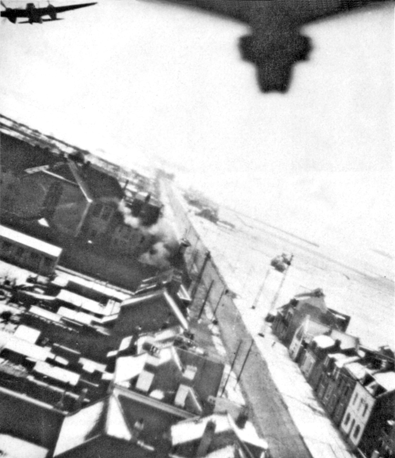 Amiens prison photographed during Operation Jericho from the accompanying film unit Mosquito