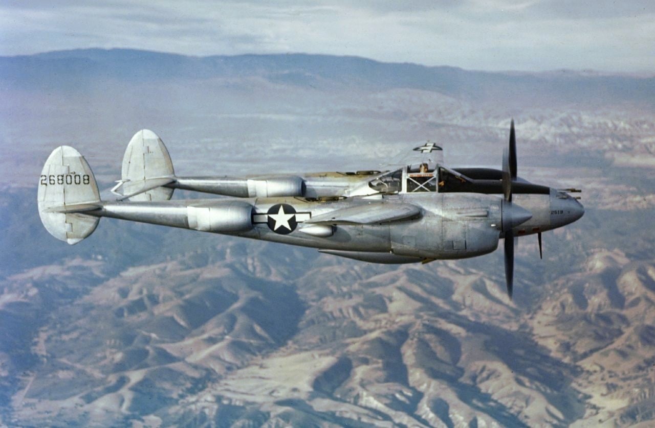 Lockheed P-38 Lightning in flight, 1944 A Lockheed P-38 Lightning; Saint-Exupery vanished in an unarmed F-5 reconnaissance version