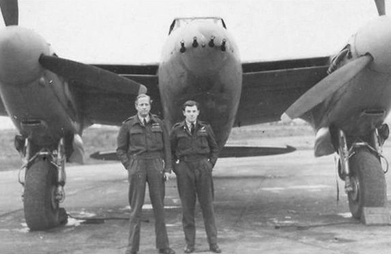 Group Captain Percy Pickard and Flight Lieutenant Bill Broadley in front of their Mosquito F for Freddie