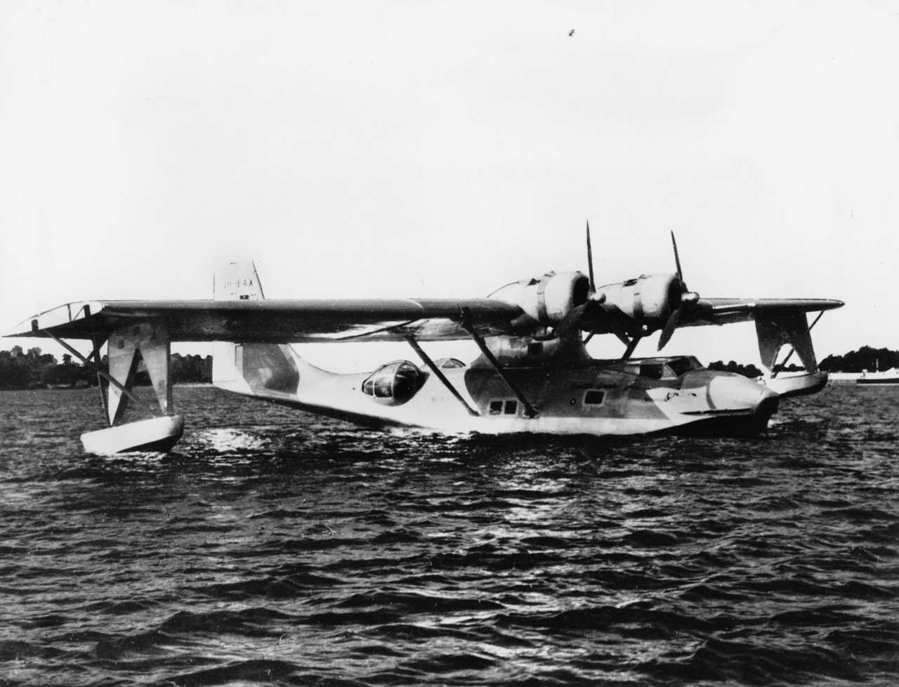 A Qantas Empire Airways Consolidated Catalina flying boat on the water
