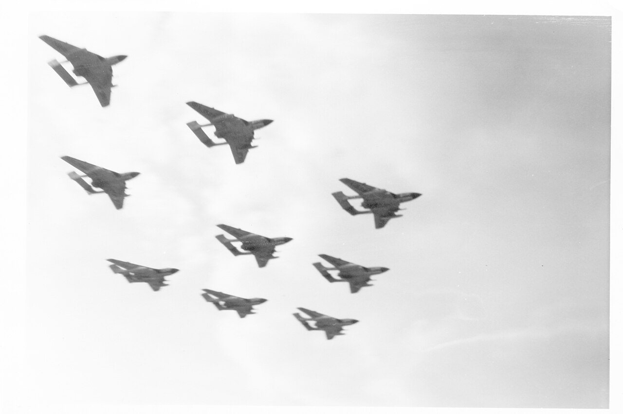 A formation of Royal Navy Sea Vixens in 1961, showing the twin-boom planform