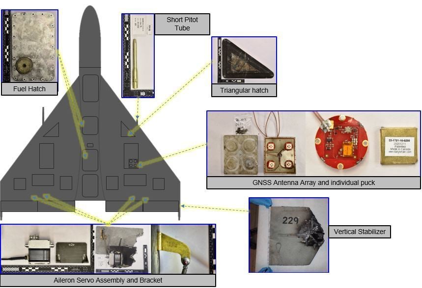 Shahed-136 drone debris fragments recovered and examined by a US Navy explosive ordnance disposal team