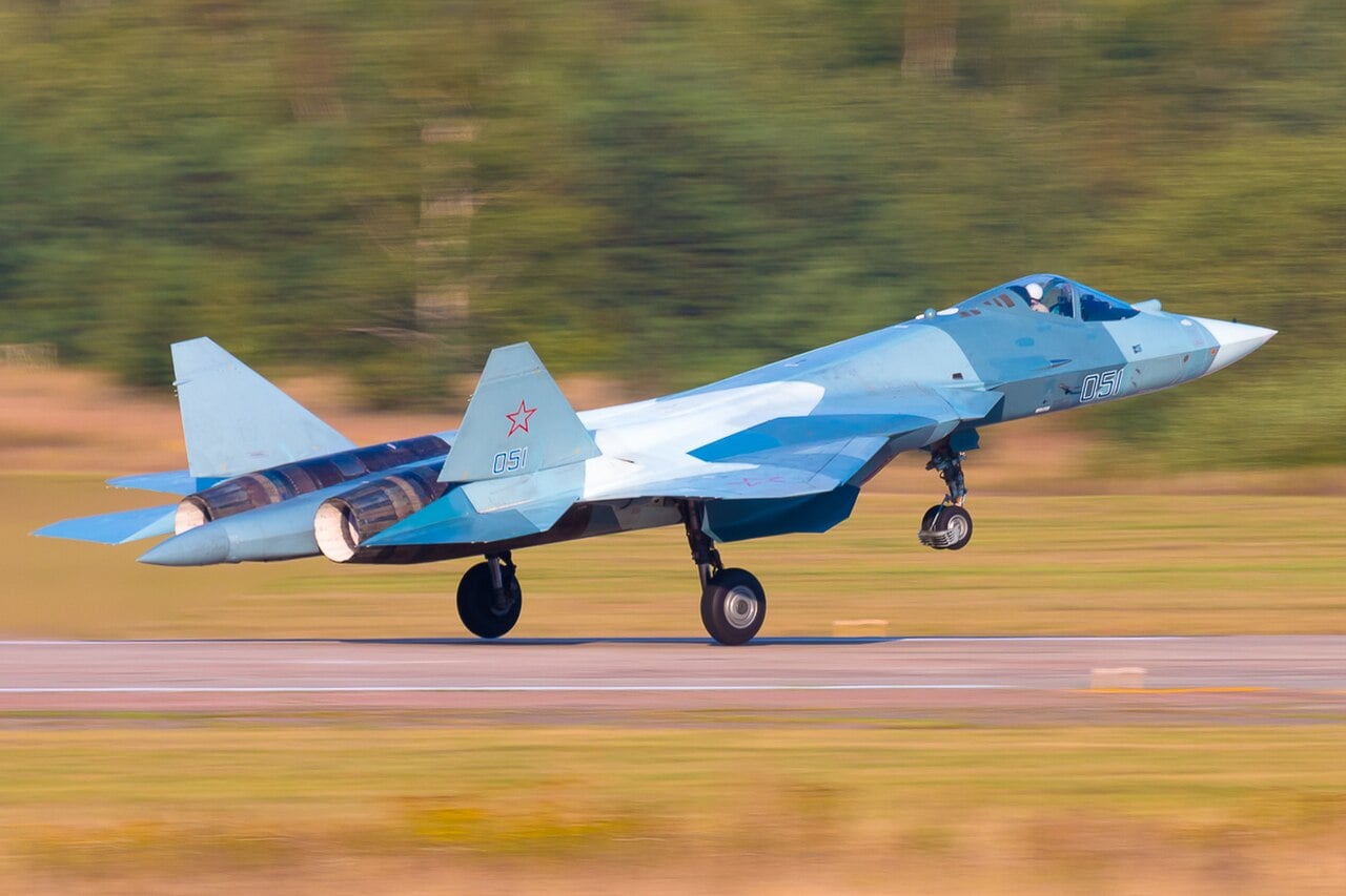 Russian Sukhoi Su-57 Felon fifth-generation fighter on takeoff