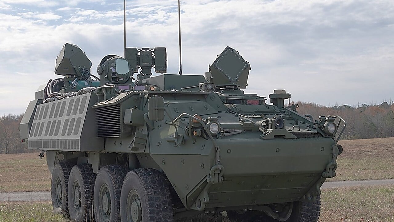 A U.S. Army Stryker DE M-SHORAD high-energy laser air-defence vehicle