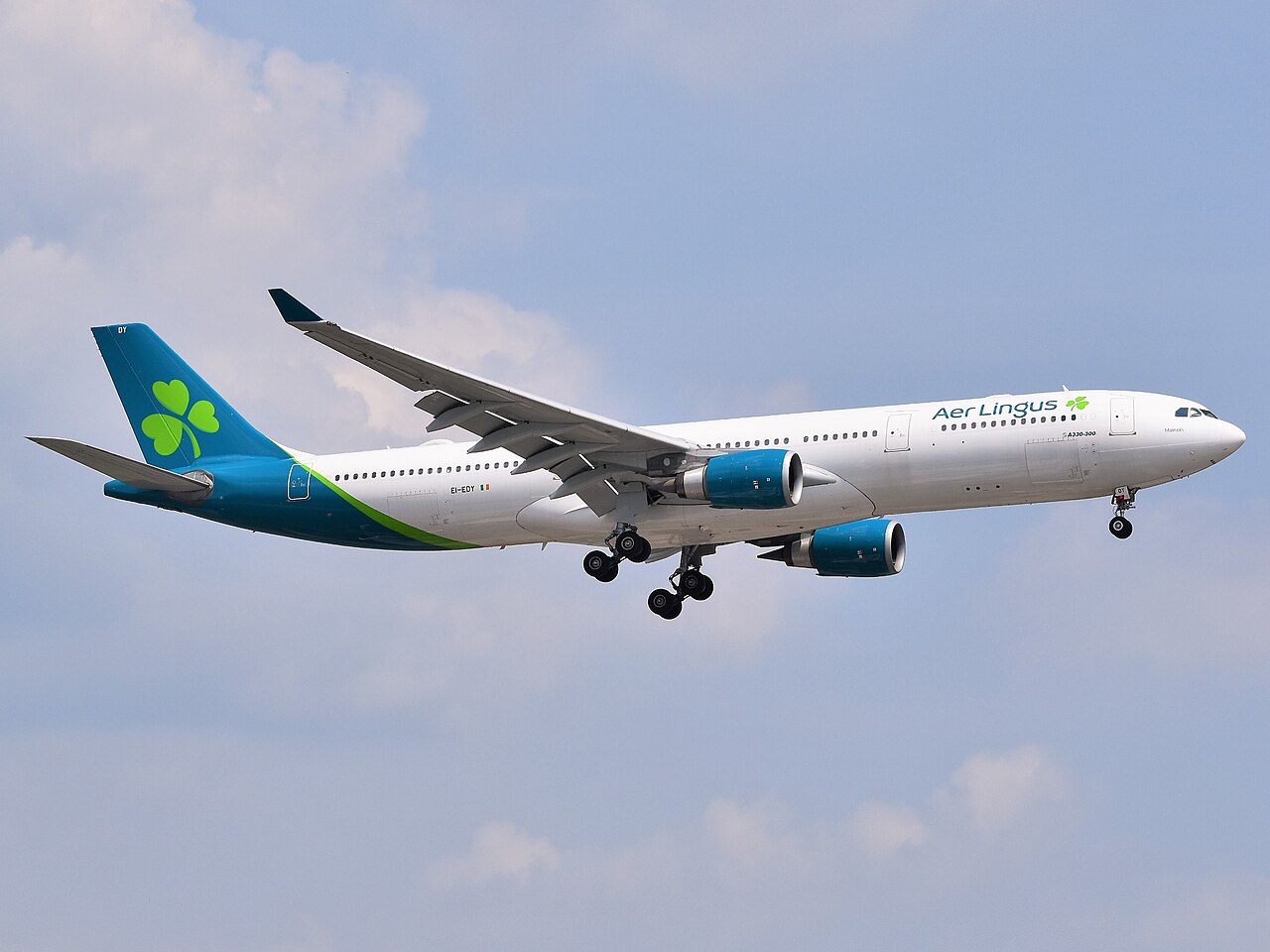 Un Airbus A330-300 de Aer Lingus con librea verde se aproxima a Newark.