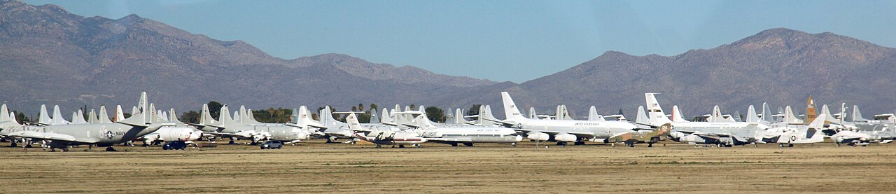 Rows of aircraft in a desert storage area