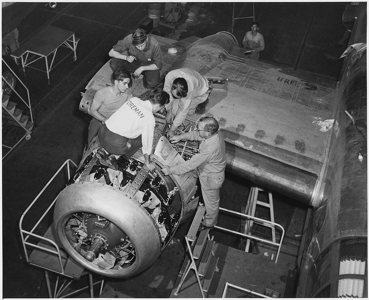 B-25 engine assembly during WWII production