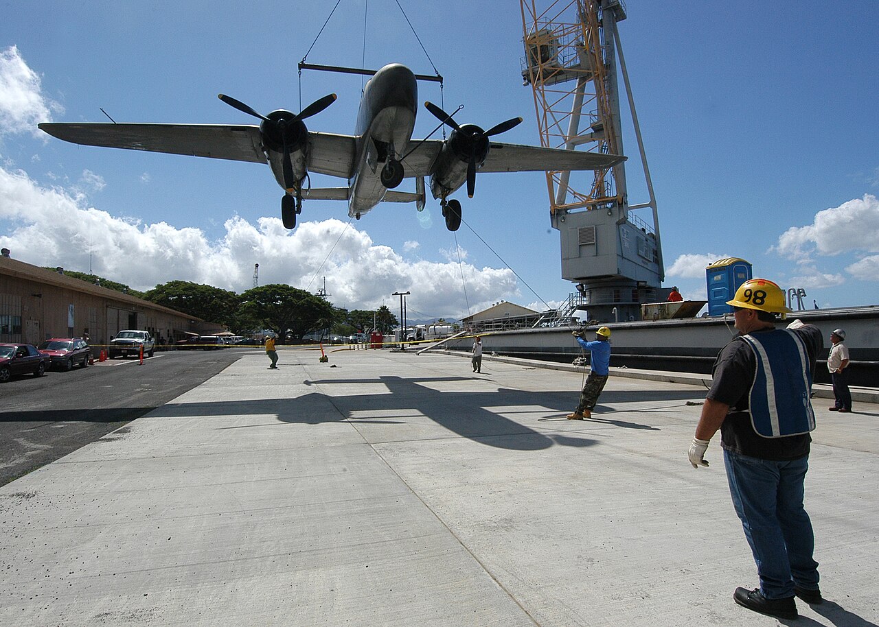 B-25 Mitchell lowered by crane