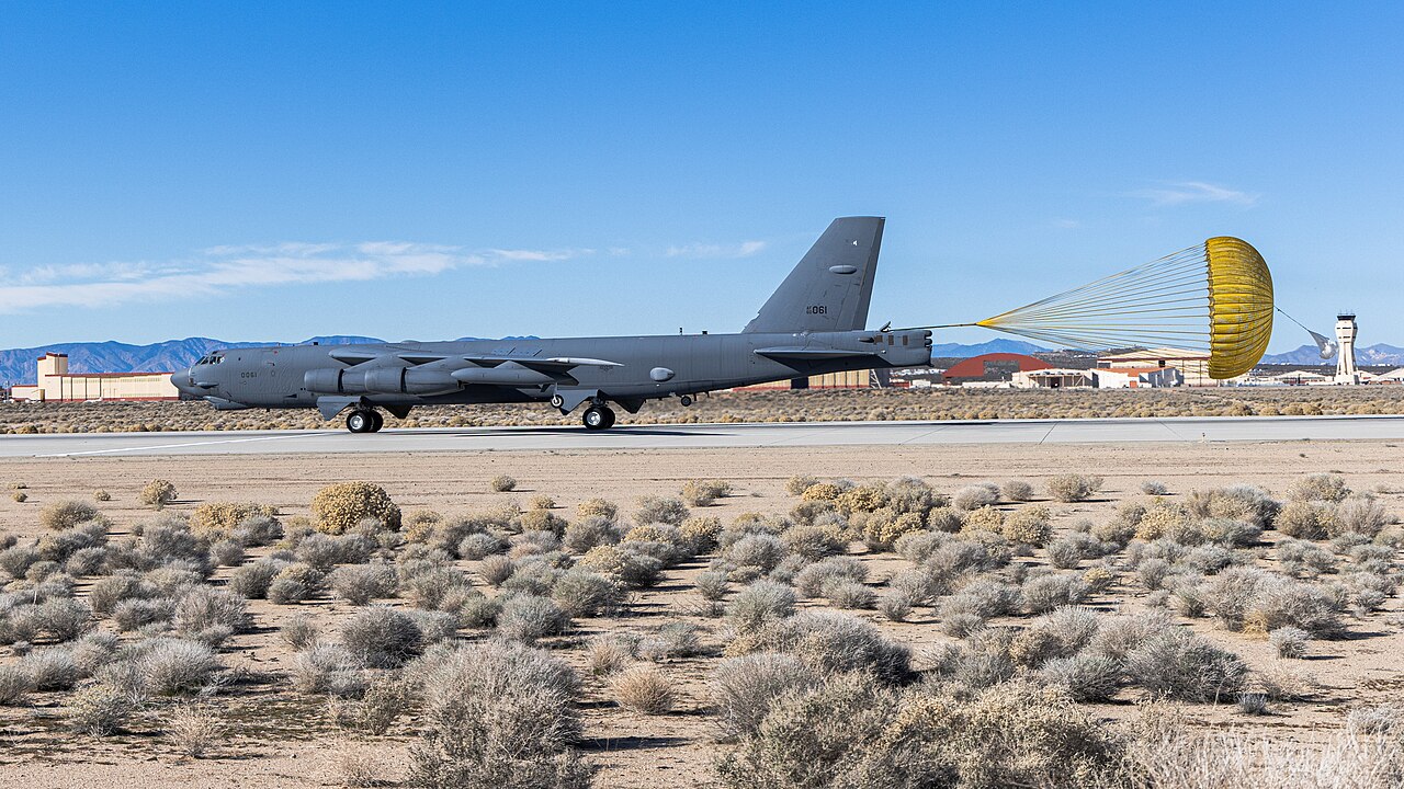 The B-52 Radar Modernization Program flight-test aircraft lands at Edwards Air Force Base after its ferry flight from Boeing San Antonio