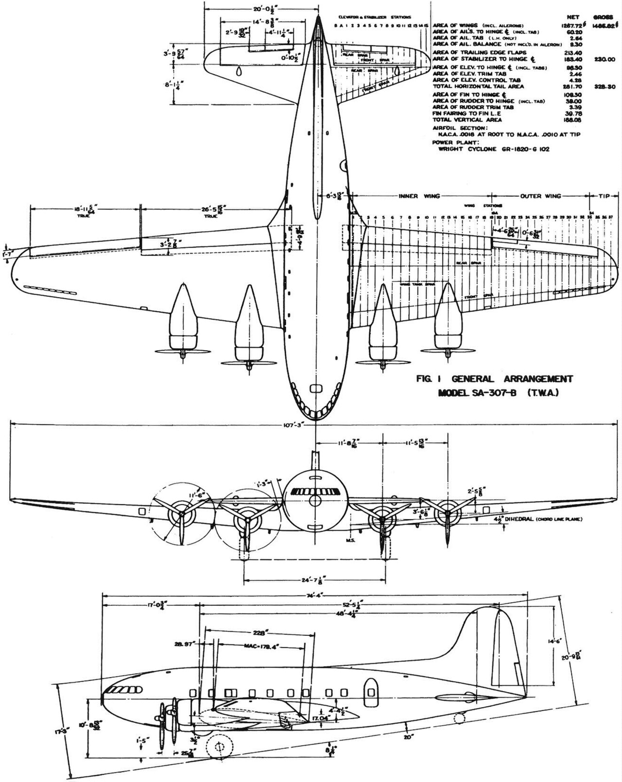 Boeing 307 Stratoliner three-view