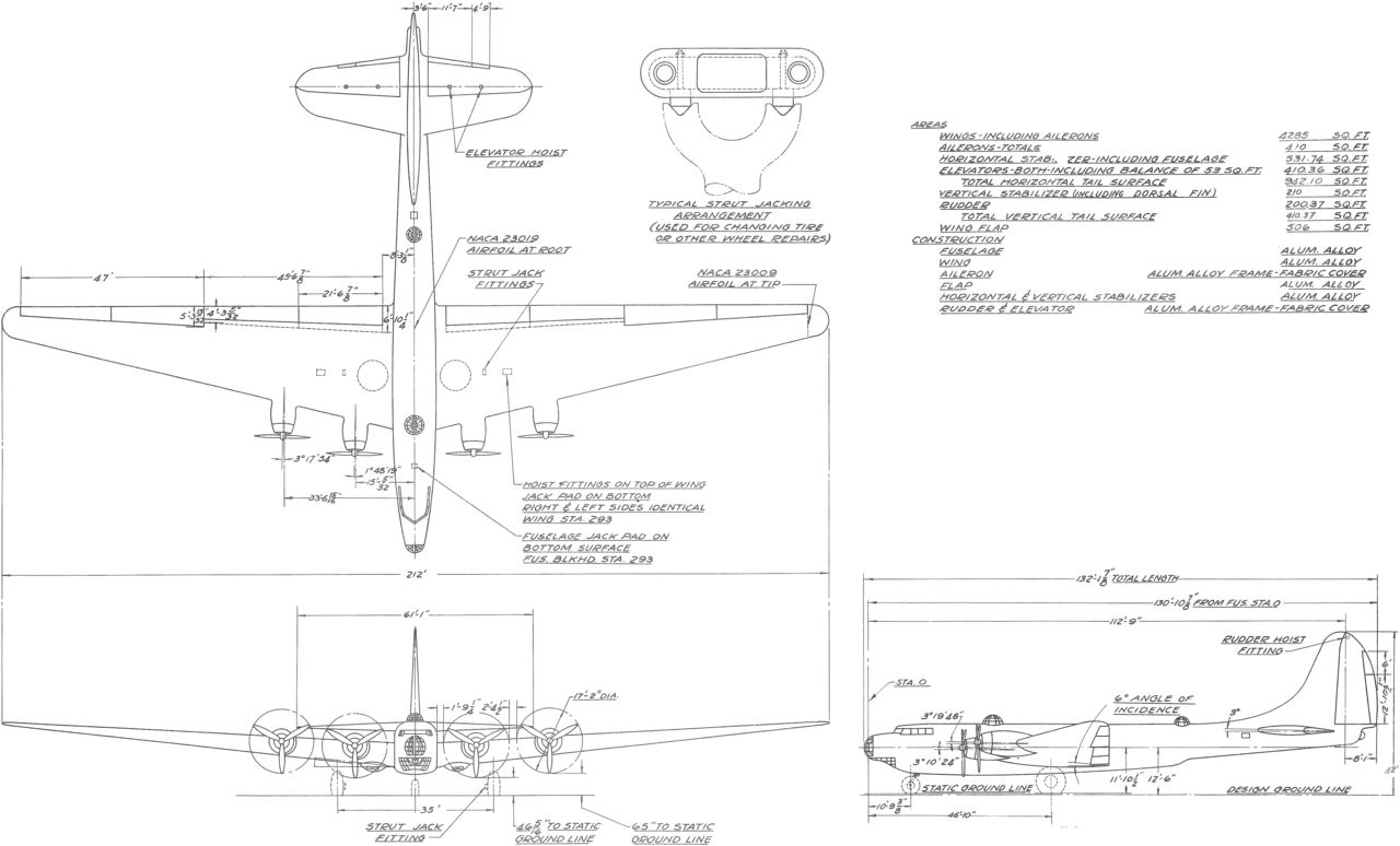 Three-view line drawing of the Douglas XB-19