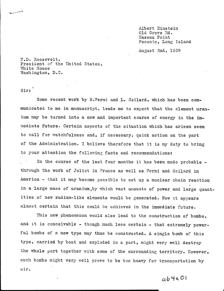 First page of the Einstein-Szilard letter to Roosevelt