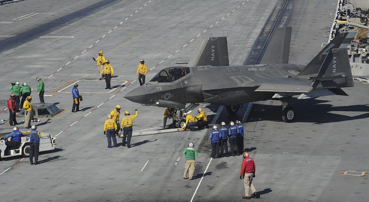 F-35C Lightning II on the flight deck of a US Navy aircraft carrier