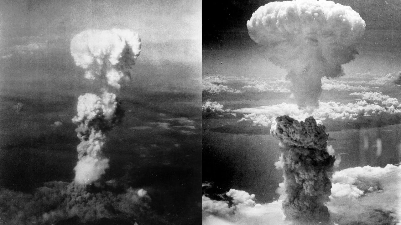 Die Atompilze über Hiroshima (links) und Nagasaki (rechts), August 1945