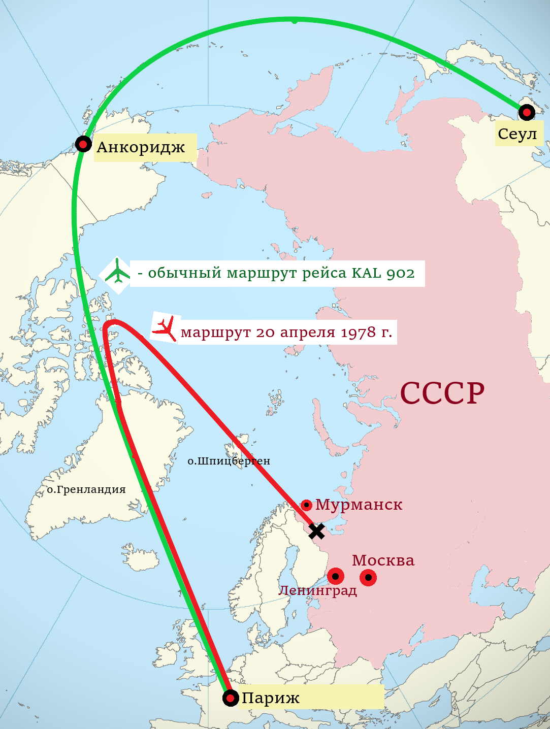 The intended polar route and the arc that took KAL 902 into Soviet airspace